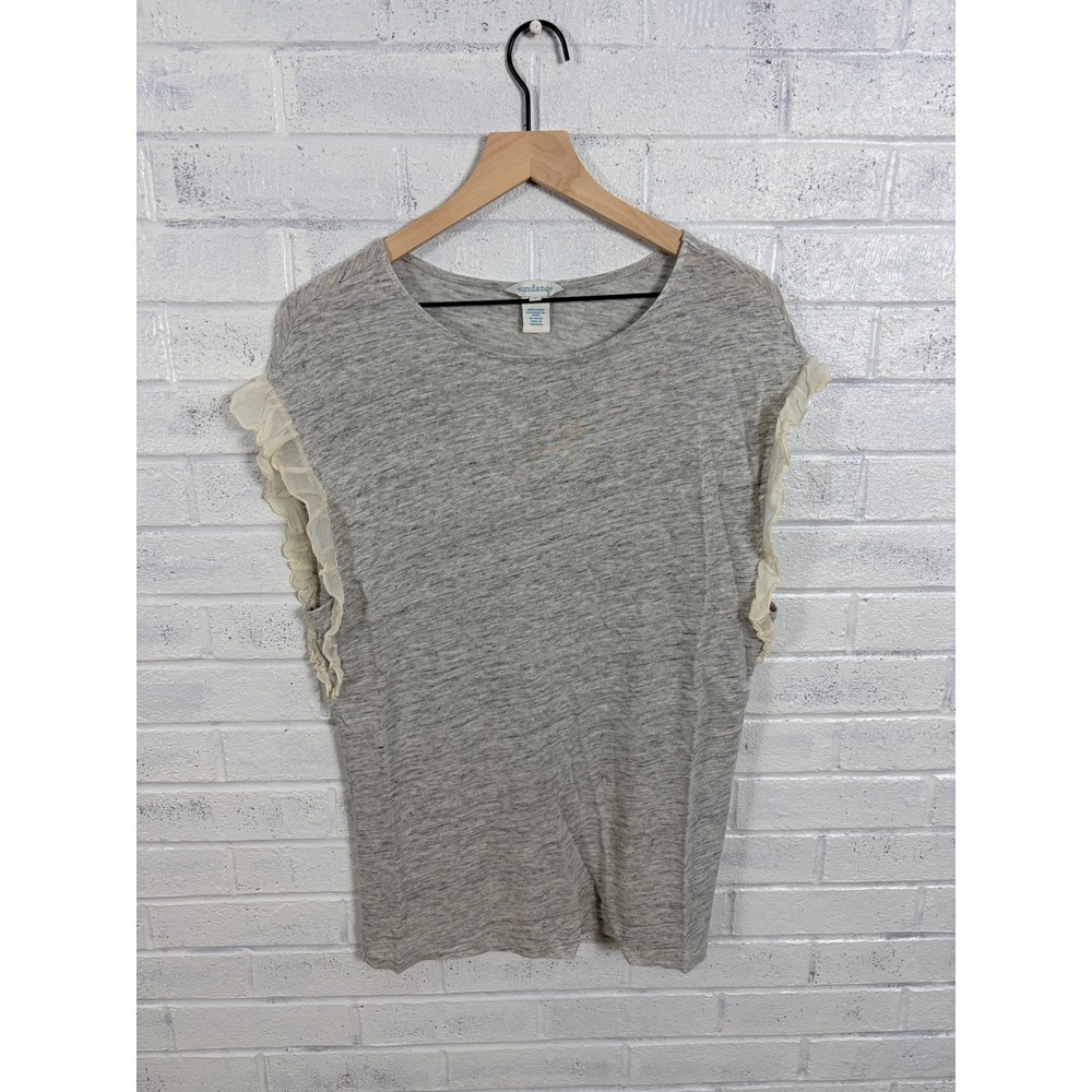 Sundance Linen Slub Knit Top Womens S Gray Ruffle Sleeve Scoop Neck Casual